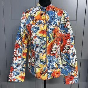 Chico's Fitted Denim Jacket Floral Print Cotton Blend Full Zip Womens Size 2 M/L